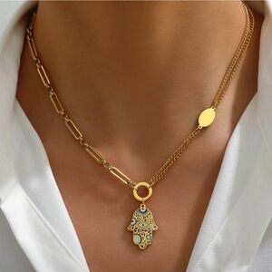 Gold Plated Stainless Steel Hamsa Evil Eye Necklace Protection Pendant Necklace